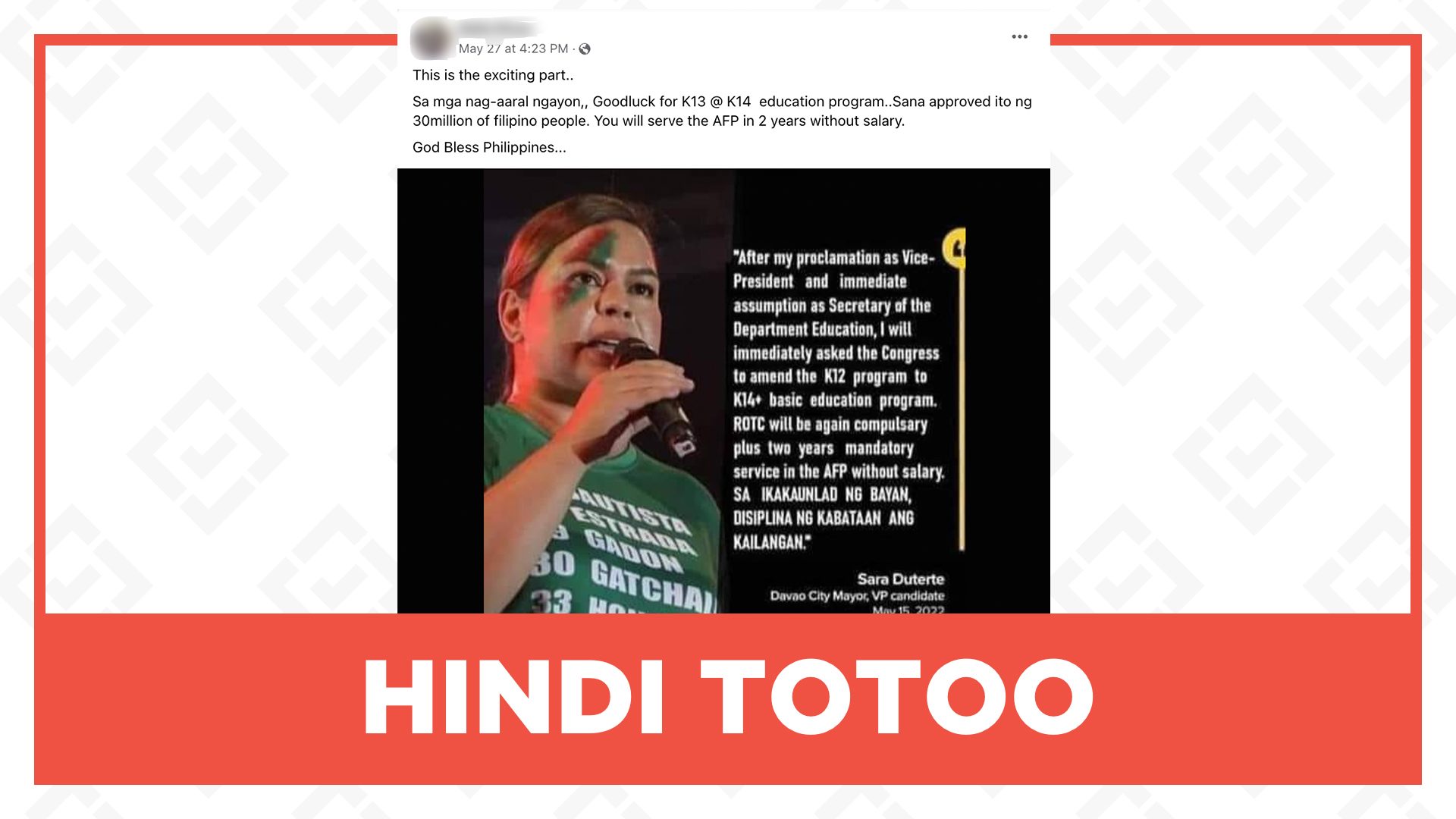HINDI TOTOO: Aamyendahan ni Sara Duterte ang K-12 program upang gawing K-14