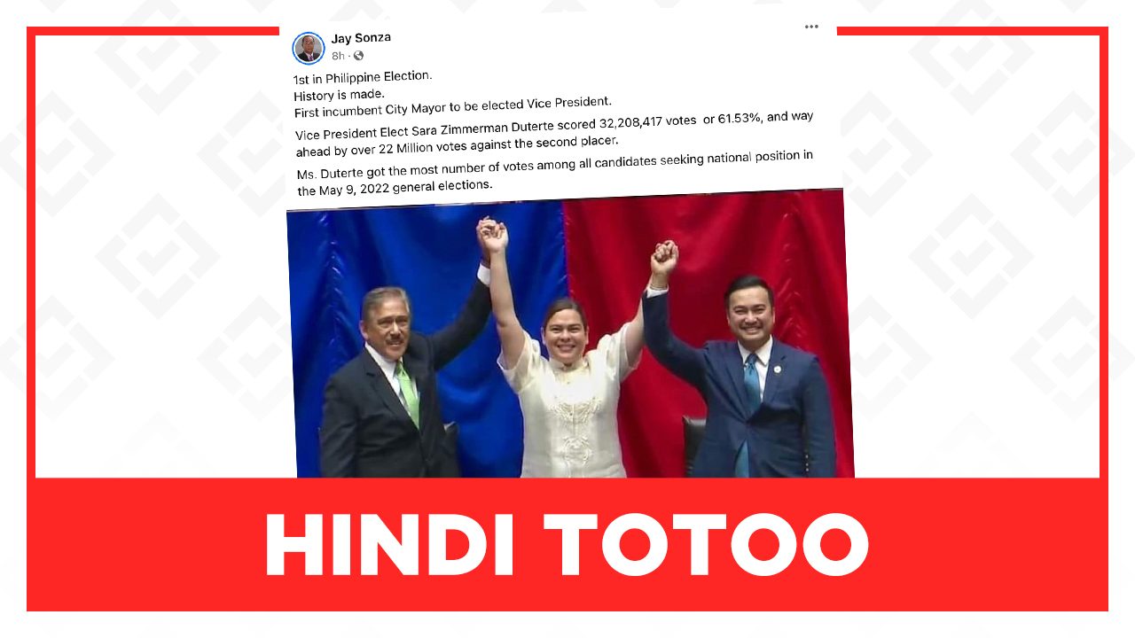 HINDI TOTOO: Si Sara Duterte ang unang incumbent city mayor na nahalal na bise presidente