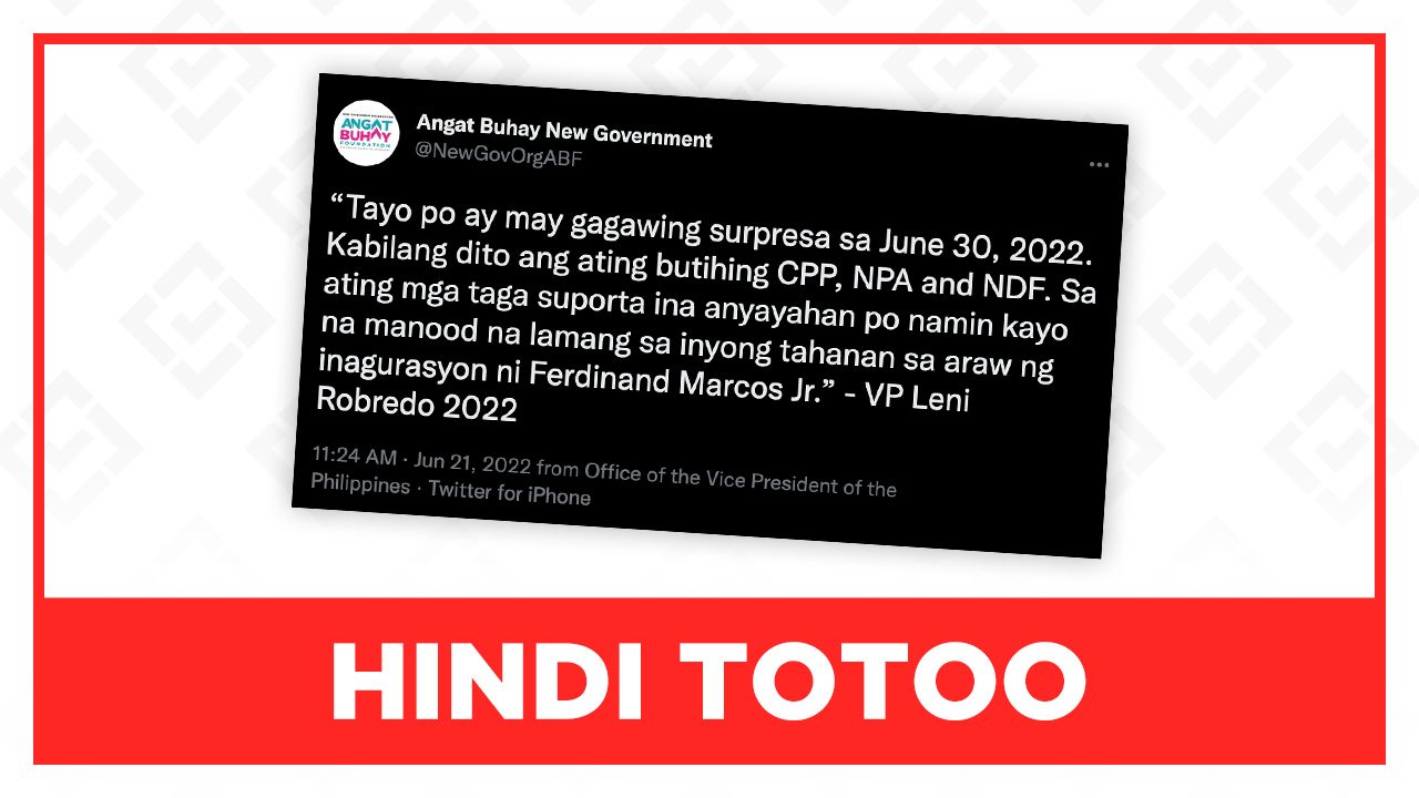 HINDI TOTOO: Sinabi ni Robredo na may sorpresa siya kasama ng mga komunista sa inagurasyon ni Marcos