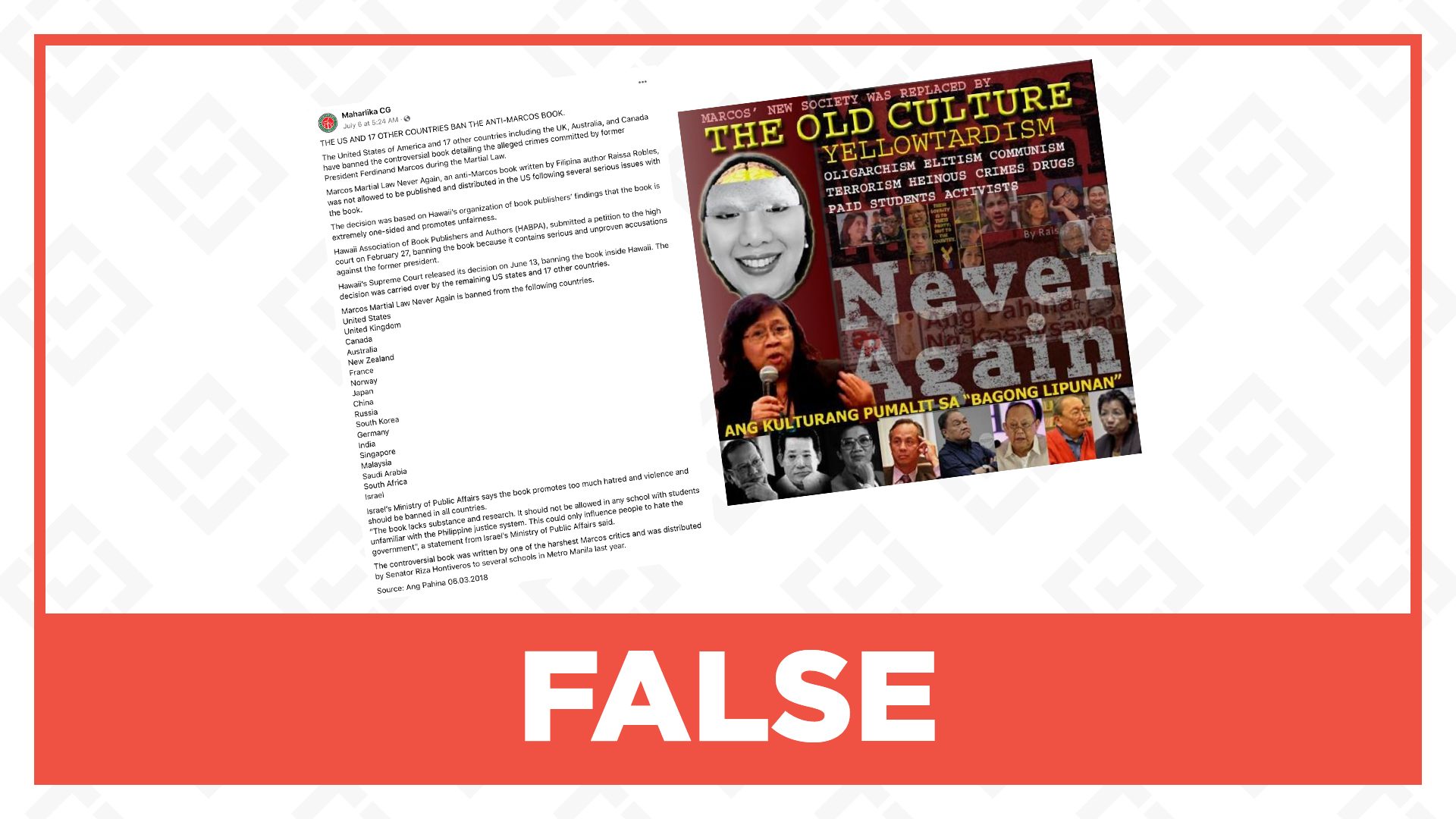 FALSE: ‘Marcos Martial Law: Never Again’ book by Raissa Robles banned in 18 countries 