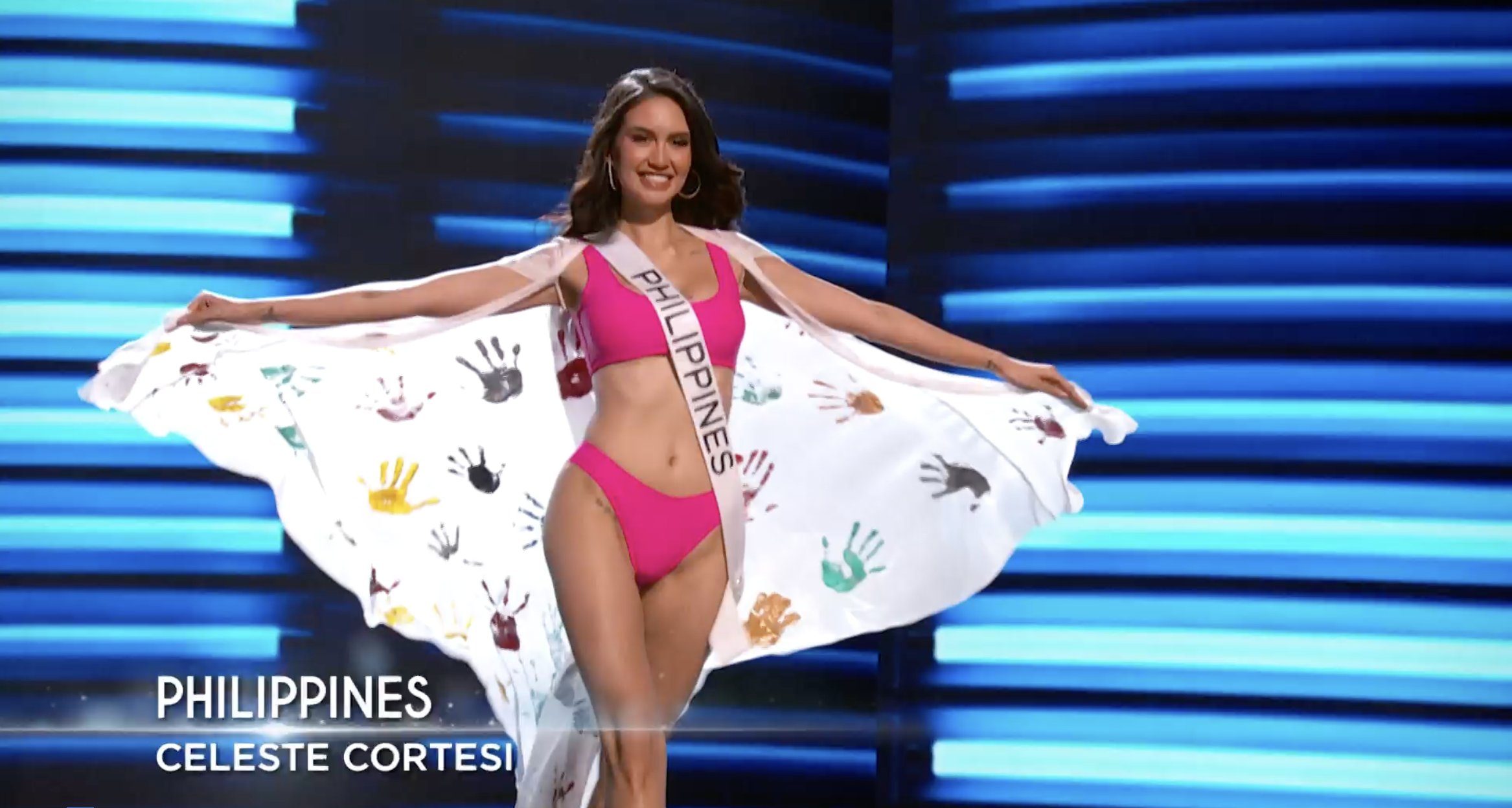 LOOK: Celeste Cortesi’s swimsuit cape for Miss Universe 2022 prelims designed by kids from Marawi