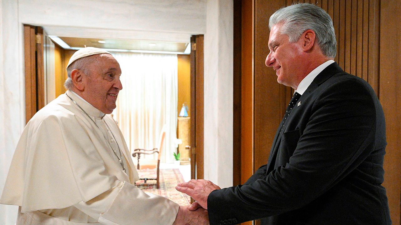 Pope Francis meets Cuban president as small protest is held away from Vatican