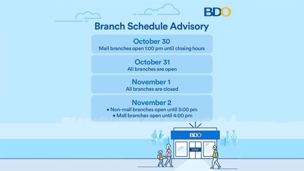 BDO announces branches’ operating hours on October 30 to November 2