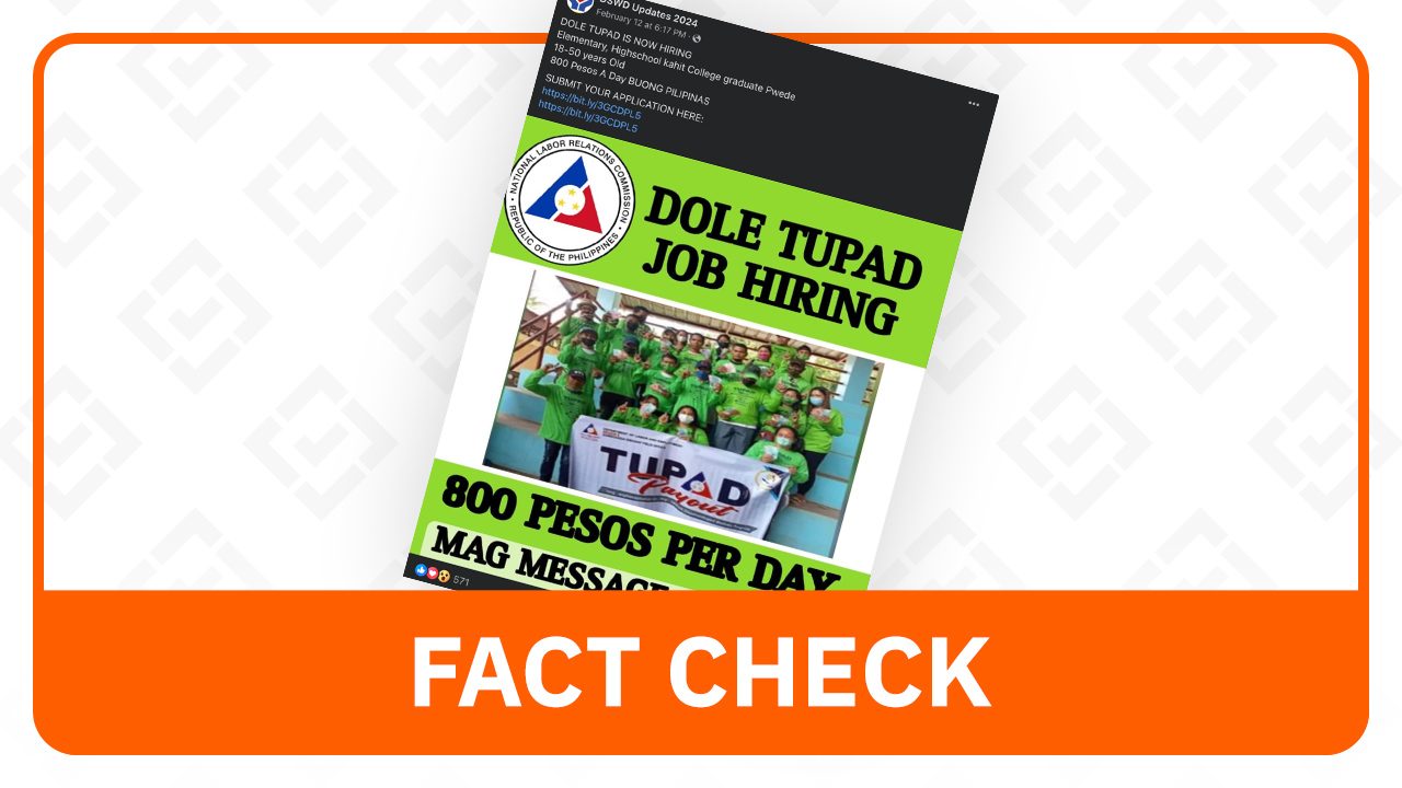 FACT CHECK: TUPAD job posts offering P800 daily salary are fake – DOLE