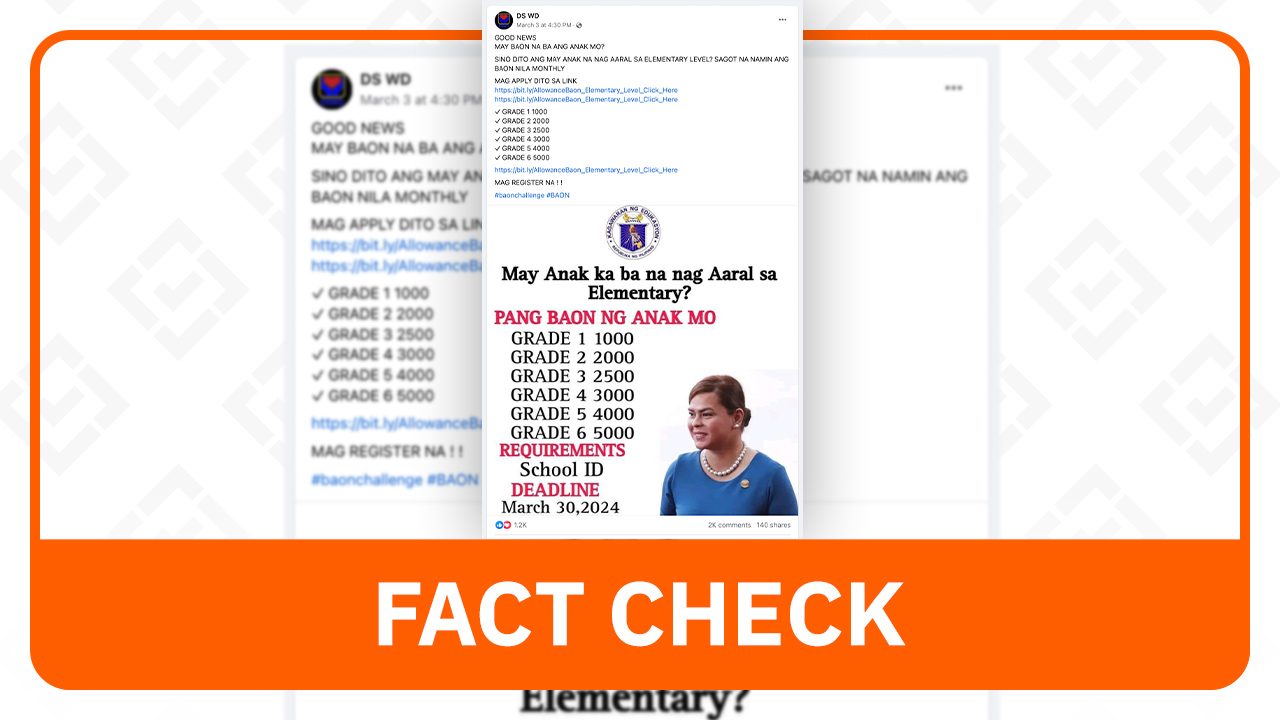 FACT CHECK: DepEd doesn’t offer monthly allowance to elementary students