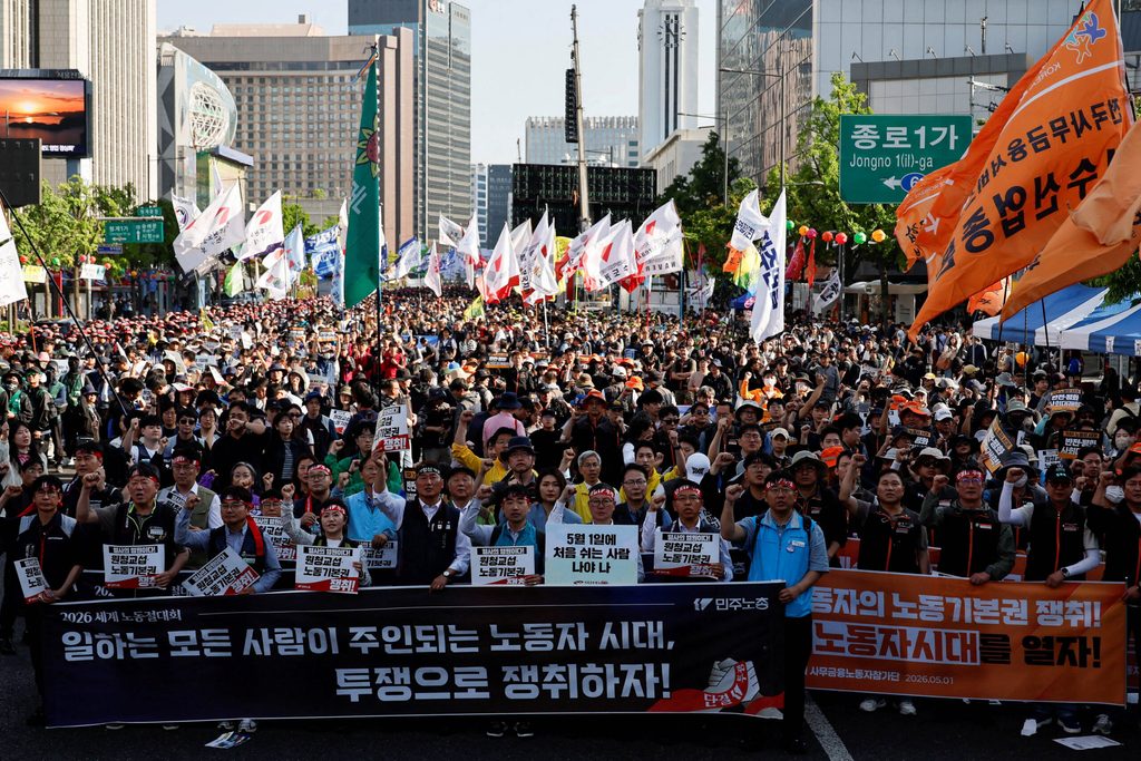 South Korean workers hold a rally on May Day in Seoul