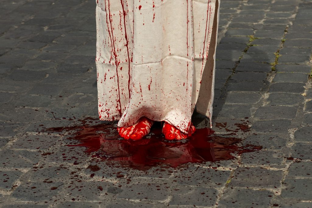 Italian actor and PETA activist Loredana Cannata demonstrates for Catholic Church to condemn bullfighting, in Rome
