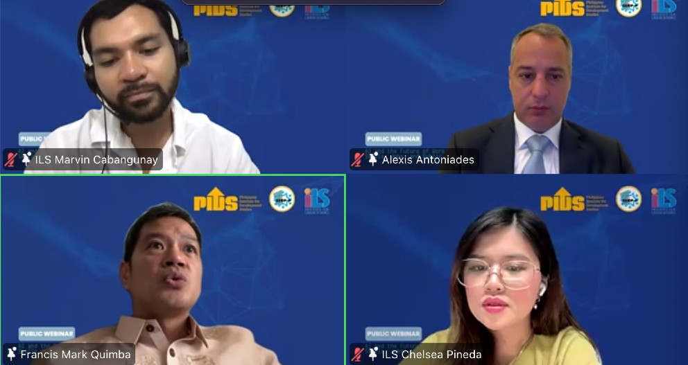 PIDS WEBINAR. Marvin Kabangunay, Institute for Labor Studies, Department of Labor and Employment (DOLE-ILS), and professor Alexis Antoniades, Chair of International Economics at Georgetown University in Qatar (top), Dr. Francis Mark Quimba, Senior Research Fellow at PIDS,
and Chelsea Nicole Pineda, Senior Labor and Employment Officer at DOLE-ILS (bottom) discuss the implications of AI on the workforce
.
