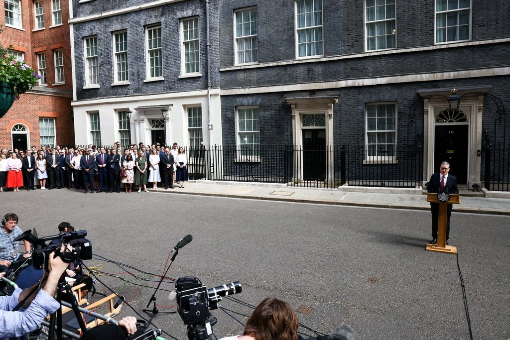 Britain's PM Starmer announces the timeline for his resignation outside 10 Downing Street, in London