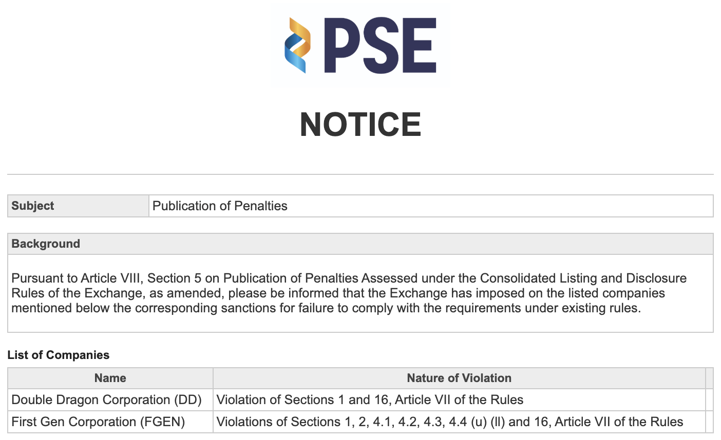 PSE penalties, First Gen Corp. 