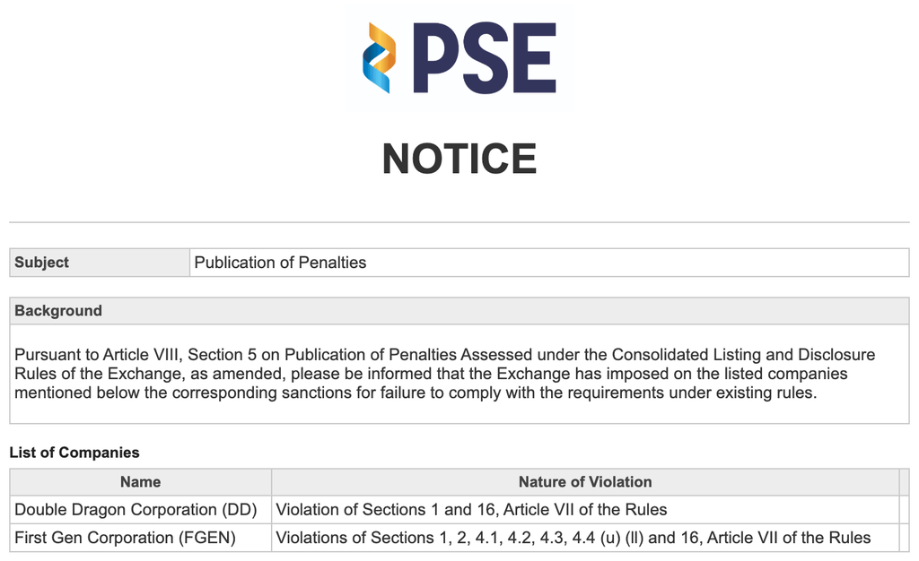PSE penalties, First Gen Corp.