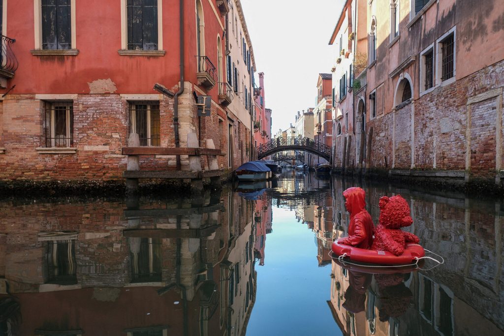 James Colomina’s unauthorized artwork "Nothing Serious" floats on the Rio di San Felice in Venice