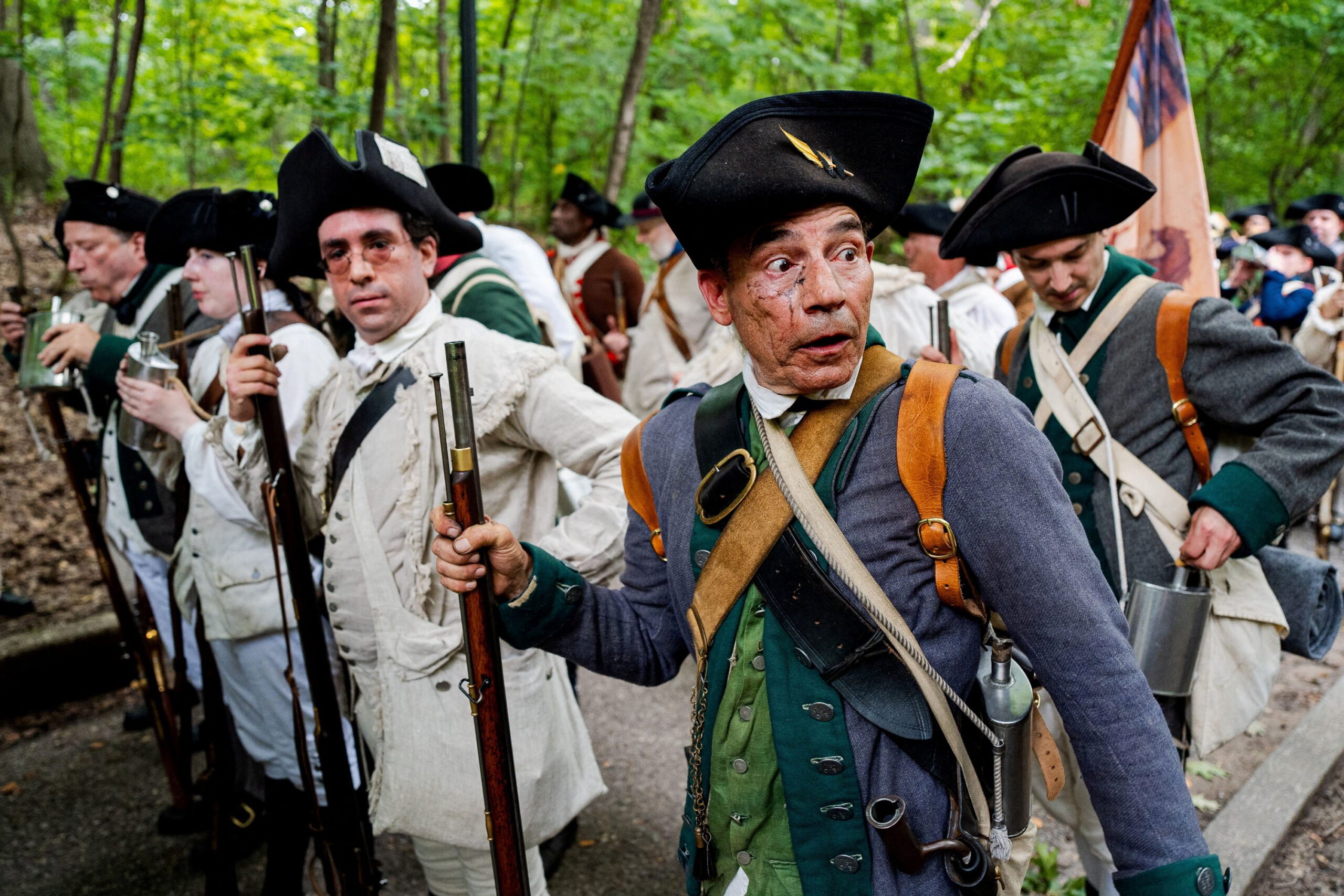 Re-enactors take part in an event to mark the 250th anniversary of the Battle of Brooklyn during the War for U.S. independence in New York
