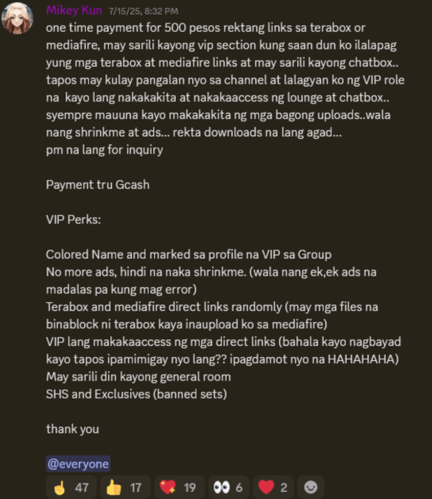 Screenshot of Mikey Kun Discord message