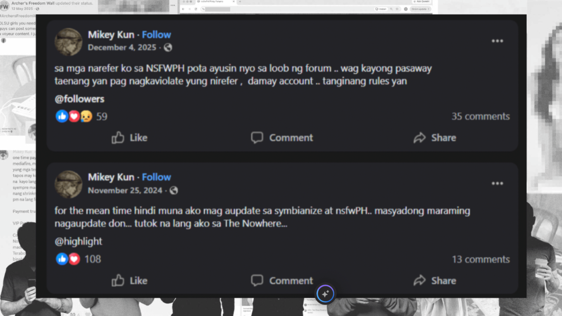 Screenshot of Mikey Kun Facebook posts