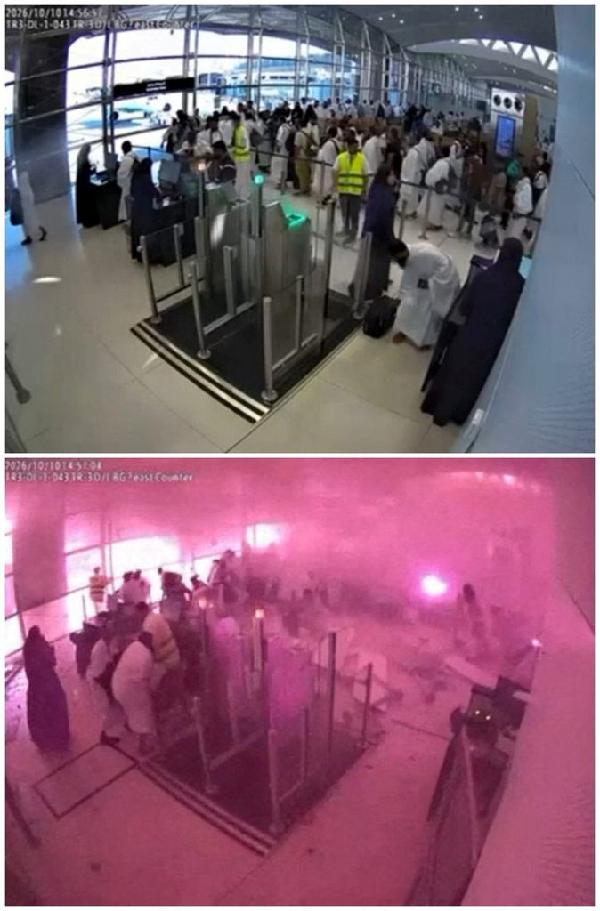 Surveillance footage shows before and during the moment of an attack at King Khalid International Airport in Riyadh