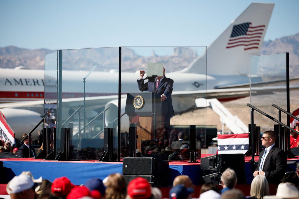 US President Donald Trump arrives at Laughlin/Bullhead International Airport in Bullhead City, Arizona