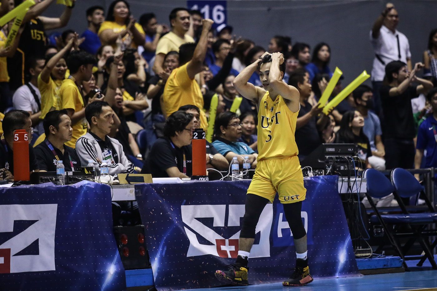 TOO TOUGH. Renzo Subido, UST's semifinal hero against UP, struggles on the floor just like most of his teammates. Photo by Josh Albelda/Rappler  