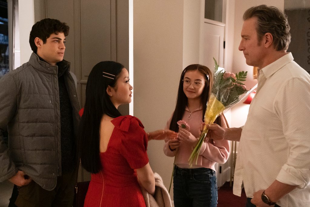 FAMILY TIME. Anna Cathcart and John Corbett also reprise their roles as Lara Jean's sister and dad, respectively. Photo courtesy of Netflix  