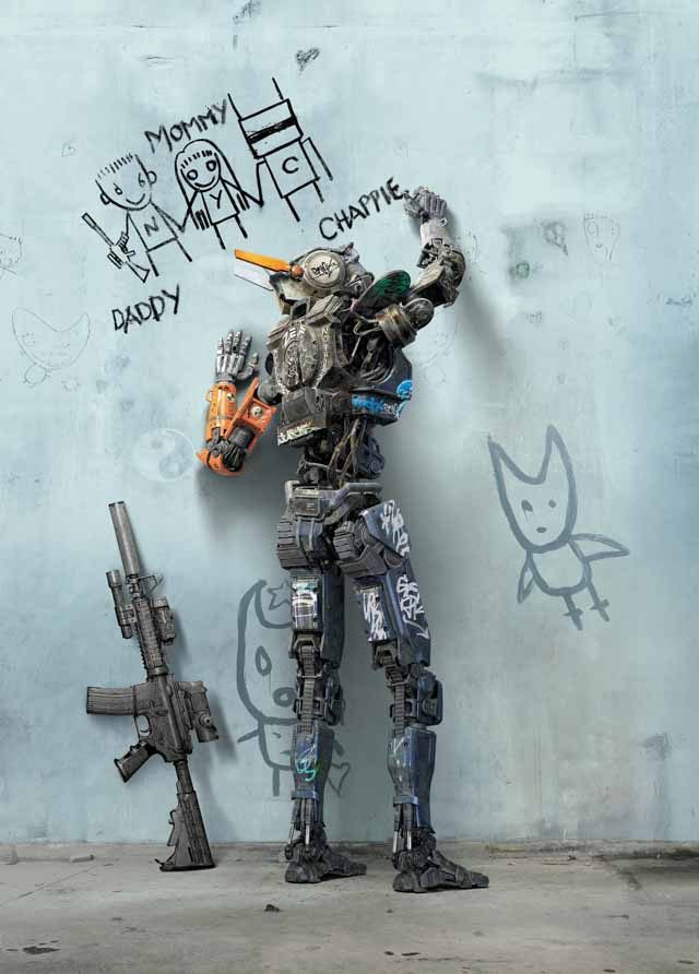 CHAPPIE LEARNS. It's back to basics with this droid who gains the ability to think and feel. Photos courtesy of Columbia Pictures 
