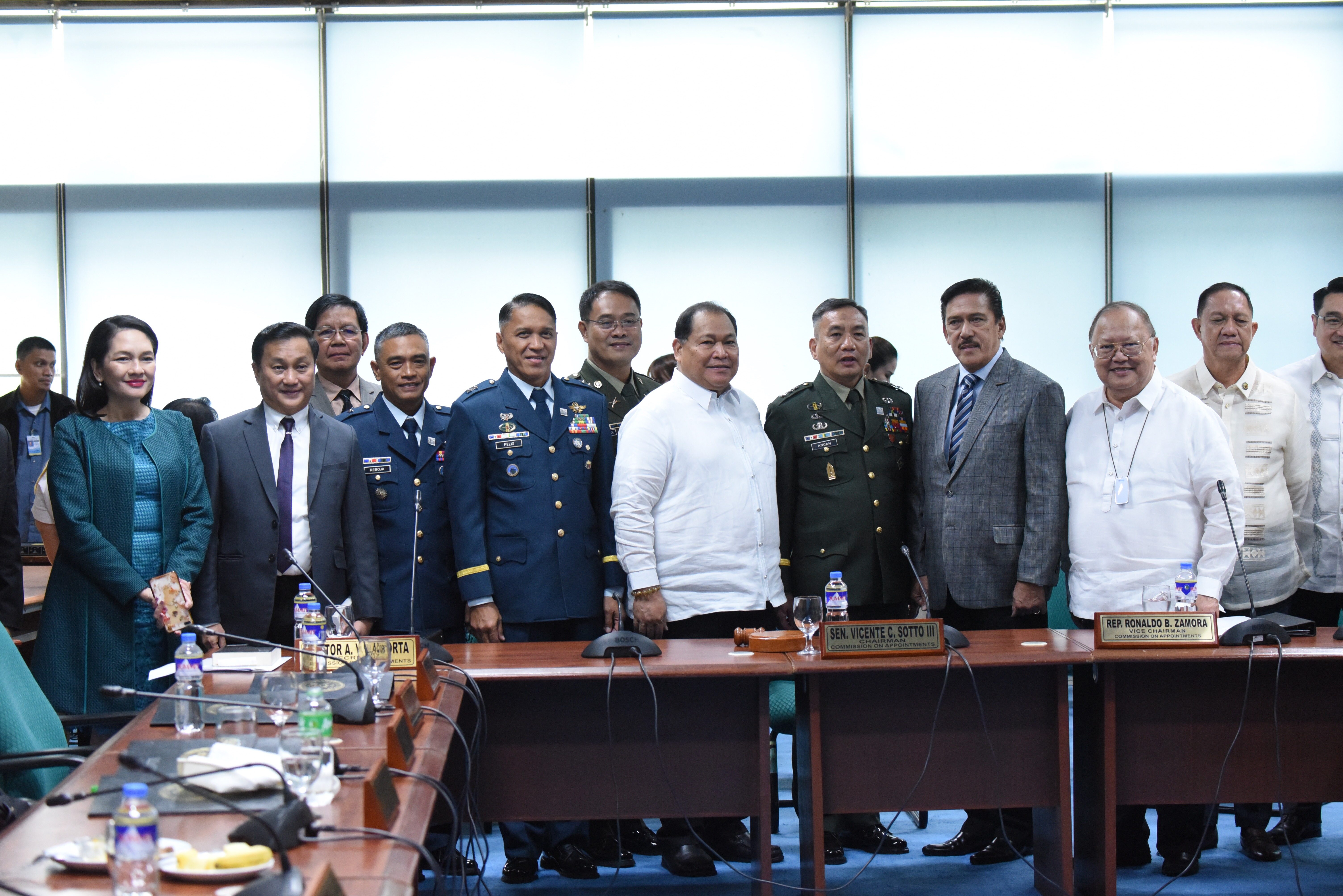 CONFIRMED. Group photo of newly appointed DBM Secretary Wendel Avisado and the four newly promoted senior officers of the AFP with lawmakers on February 26, 2020. Photo by Angie de Silva/Rappler 