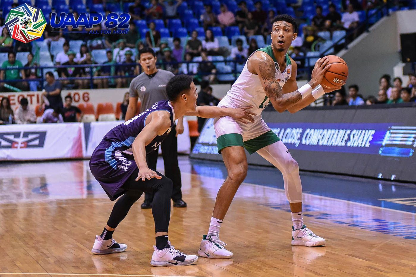 BIG BOOST. Fil-Am Jamie Malonzo, a consistent double-double performer, drops another one with 12 points and 11 rebounds to help the Green Archers pick up a second win. Photo release 