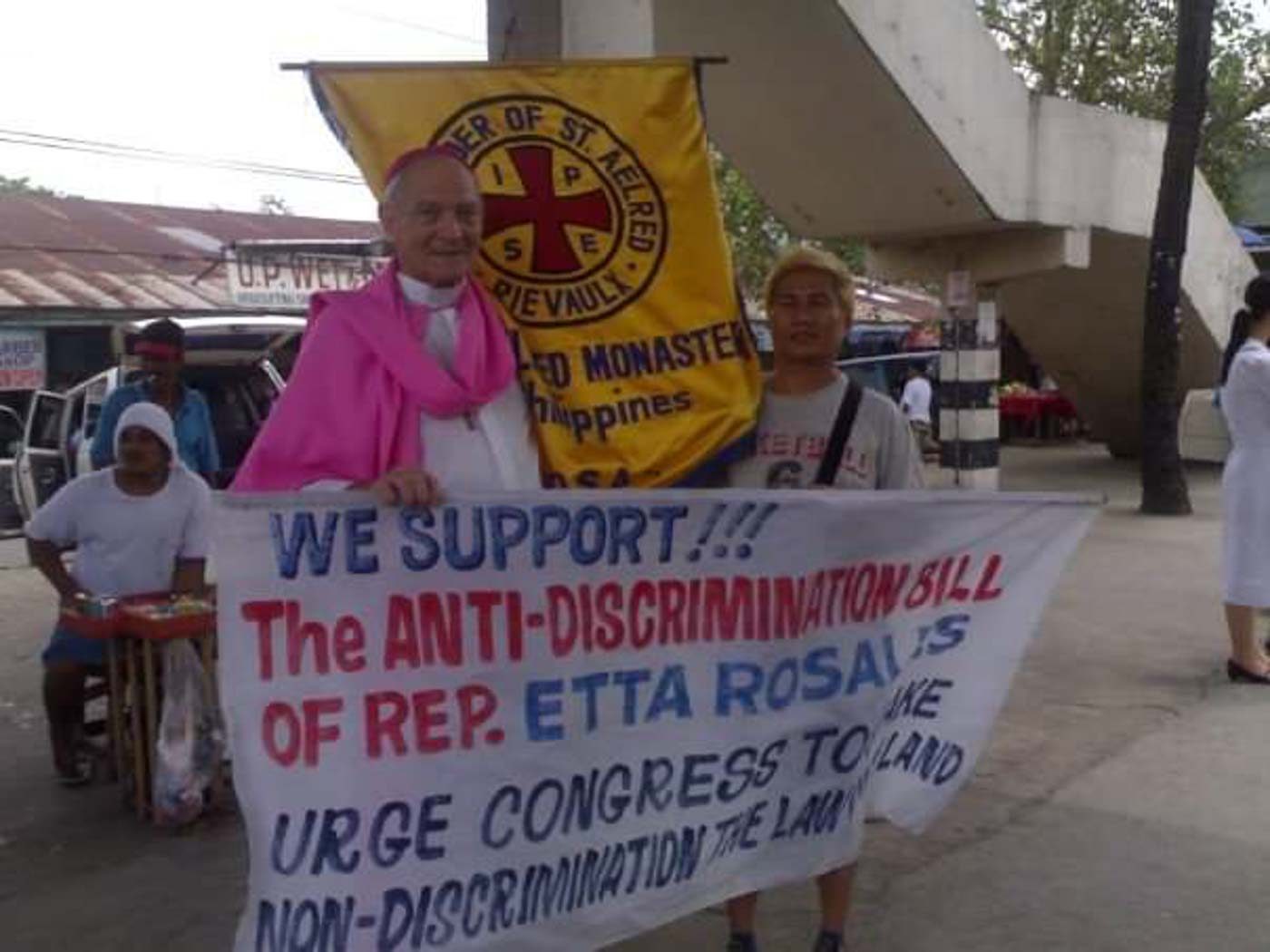 SUPPORTING ANTI-DISCRIMINATION BILL. Father Richard Mickley, representing the Order of St Aelred, shows support for the Anti-Discrimination Bill filed by Representative Etta Rosales. Photo courtesy of Father Richard Mickley    