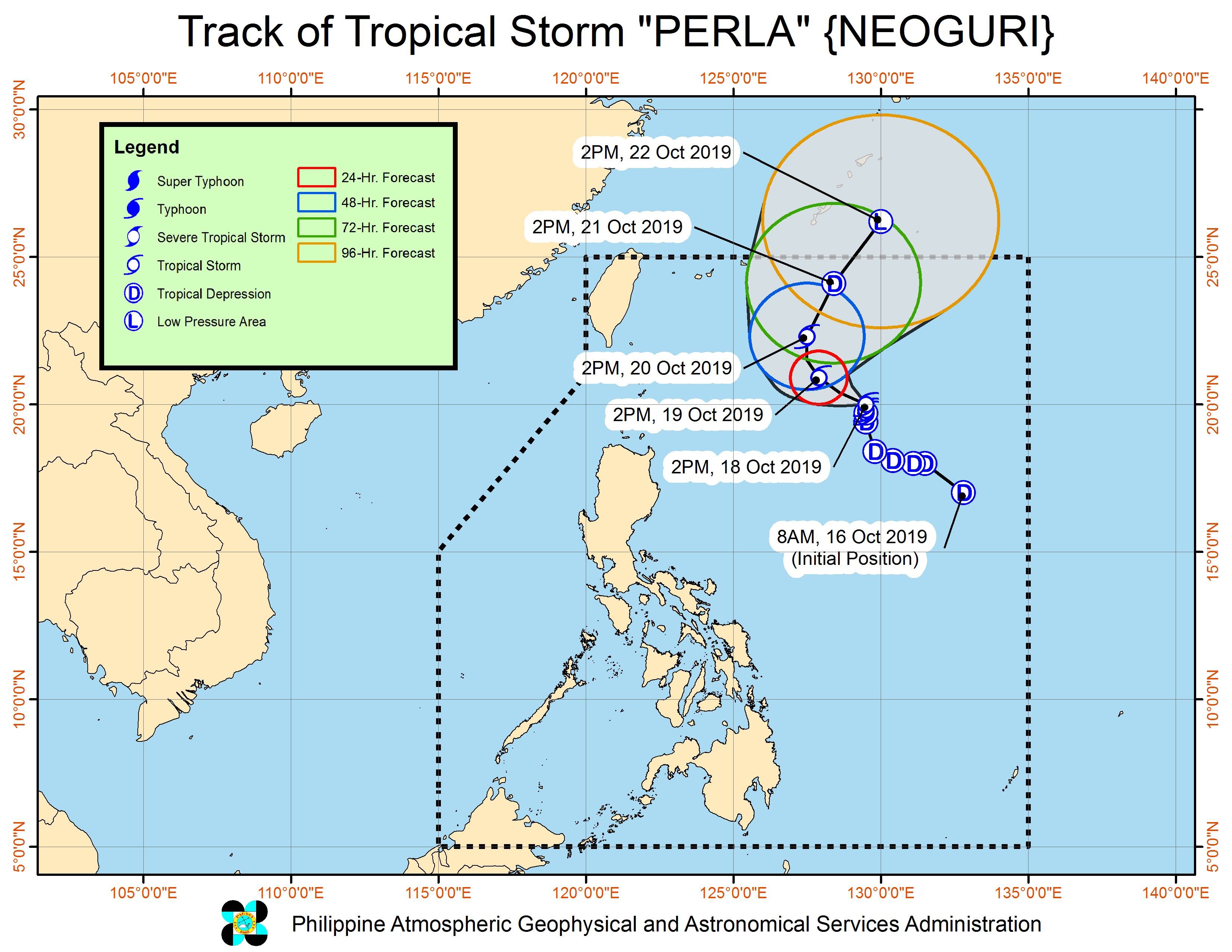 Forecast track of Tropical Storm Perla (Neoguri) as of October 18, 2019, 5 pm. Image from PAGASA 