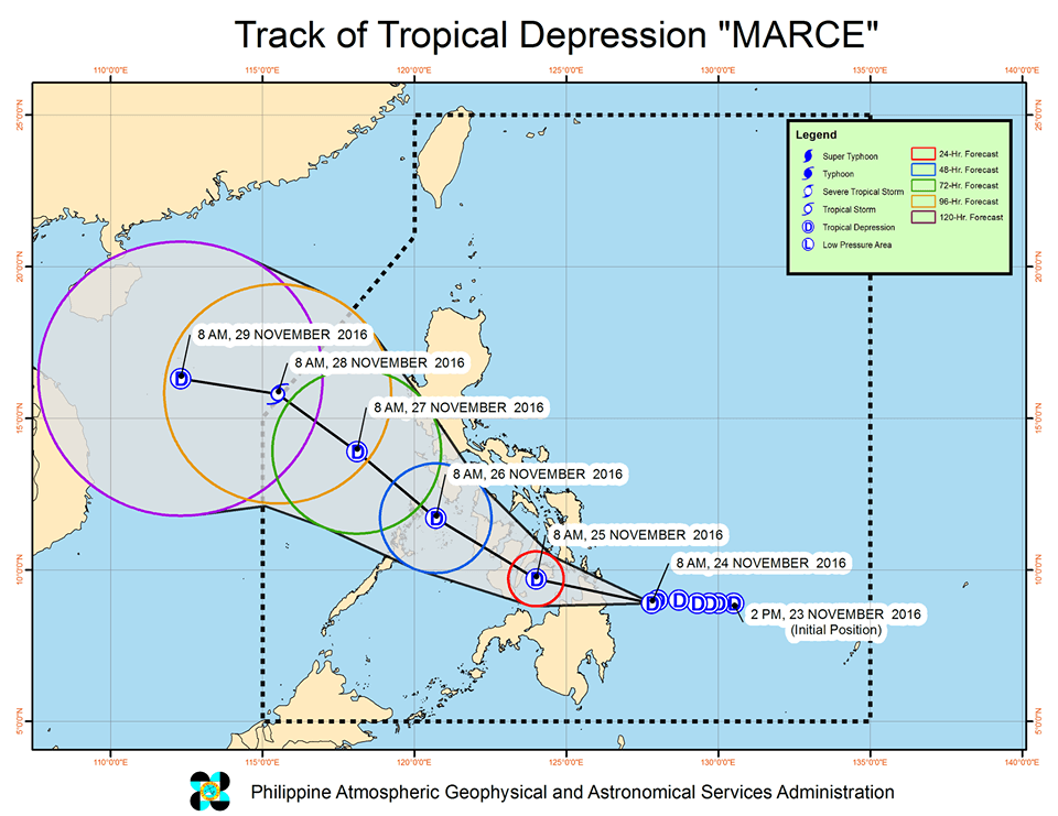 Forecast track of Tropical Depression Marce as of November 24, 11 am. Image courtesy of PAGASA 