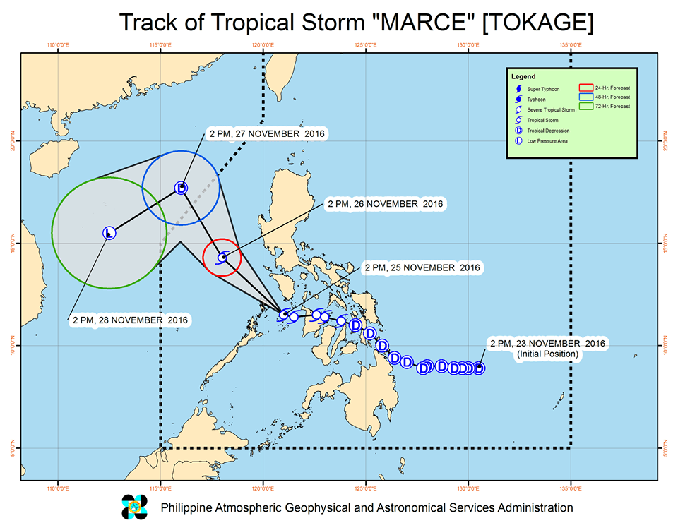 Forecast track of Tropical Storm Marce as of November 25, 5 pm. Image courtesy of PAGASA   