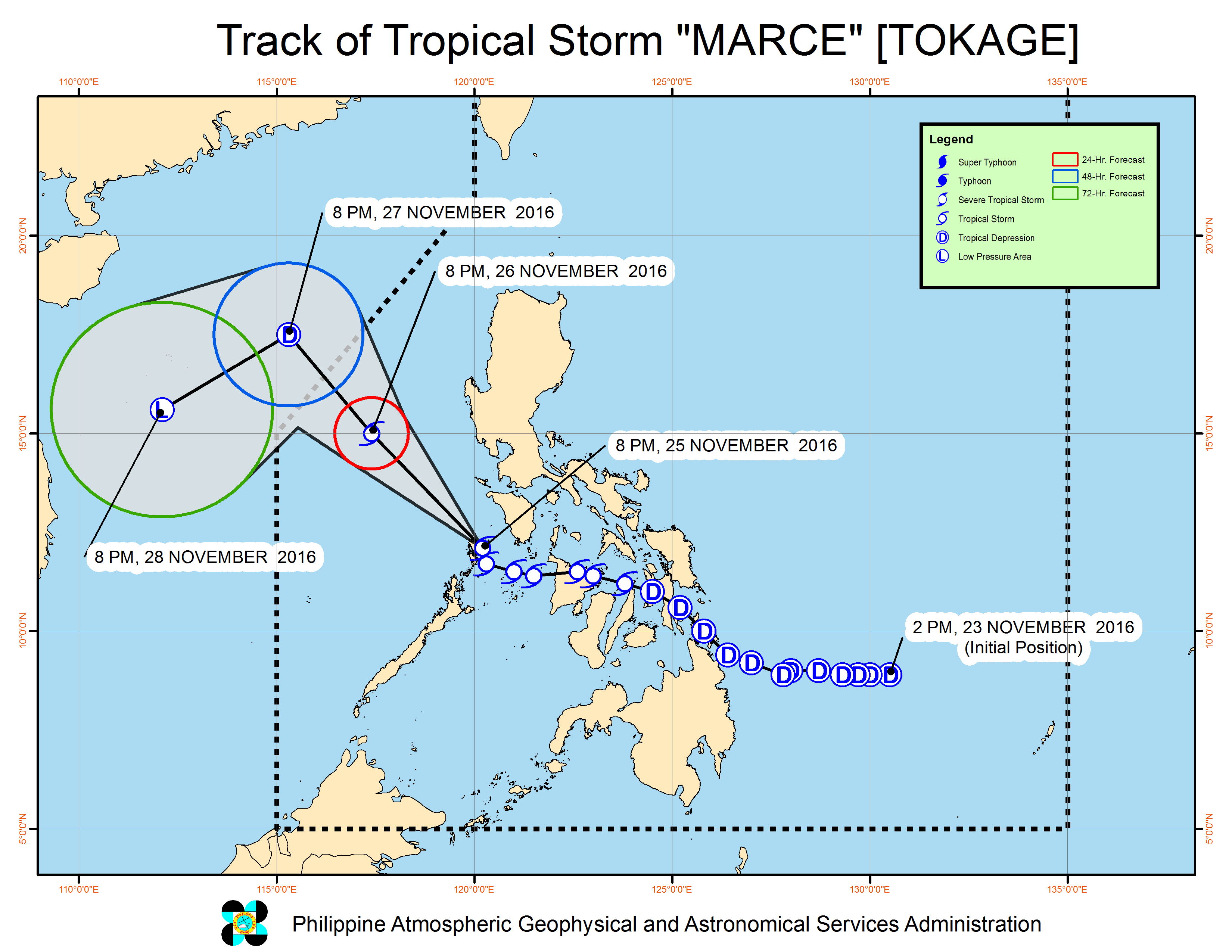 Forecast track of Tropical Storm Marce as of November 25, 11 pm. Image courtesy of PAGASA  