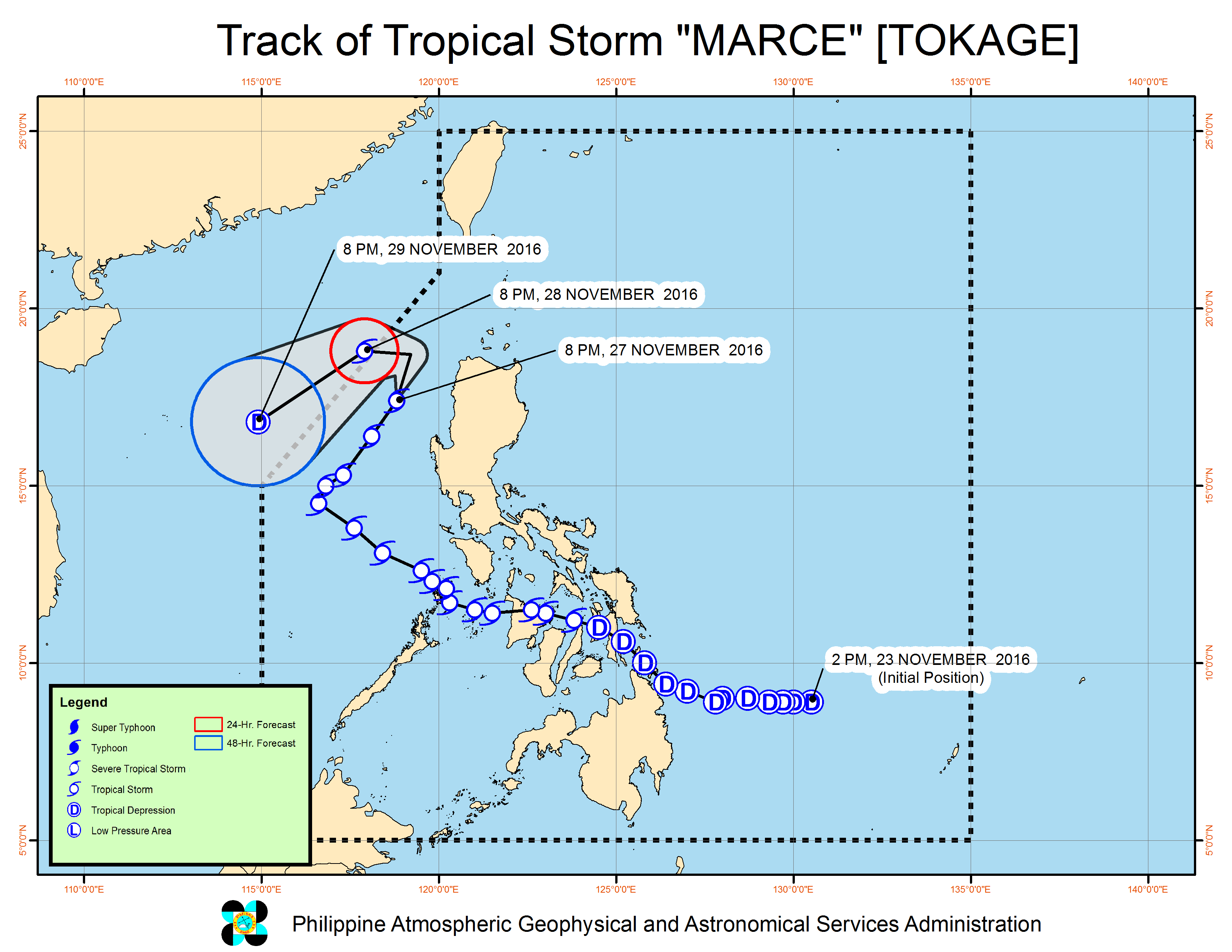 Forecast track of Tropical Storm Marce as of November 27, 11 pm. Image courtesy of PAGASA 