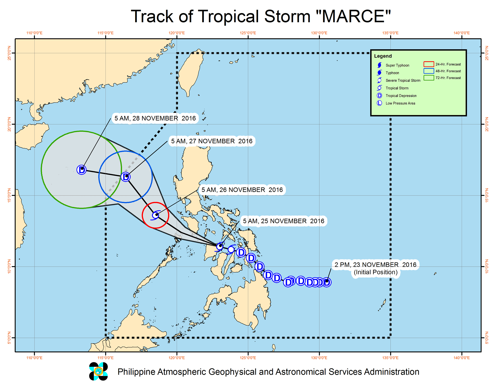 Forecast track of Tropical Storm Marce as of November 25, 8 am. Image courtesy of PAGASA 