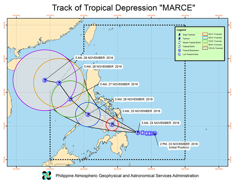 Forecast track of Tropical Depression Marce as of November 24, 8 am. Image courtesy of PAGASA  