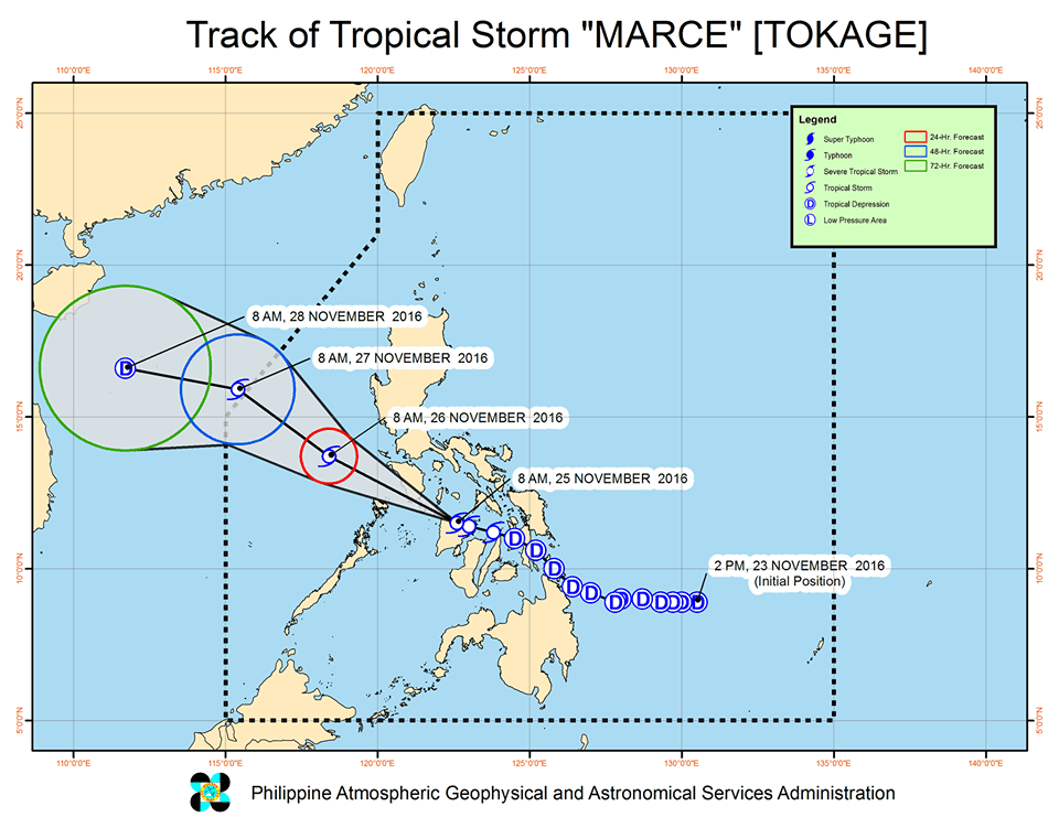 Forecast track of Tropical Storm Marce as of November 25, 11 am. Image courtesy of PAGASA 