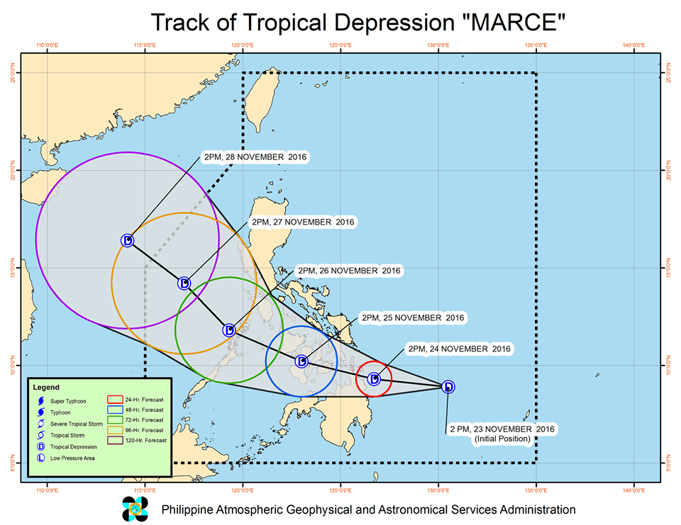 Forecast track of Tropical Depression Marce as of November 23, 5 pm. Image courtesy of PAGASA 