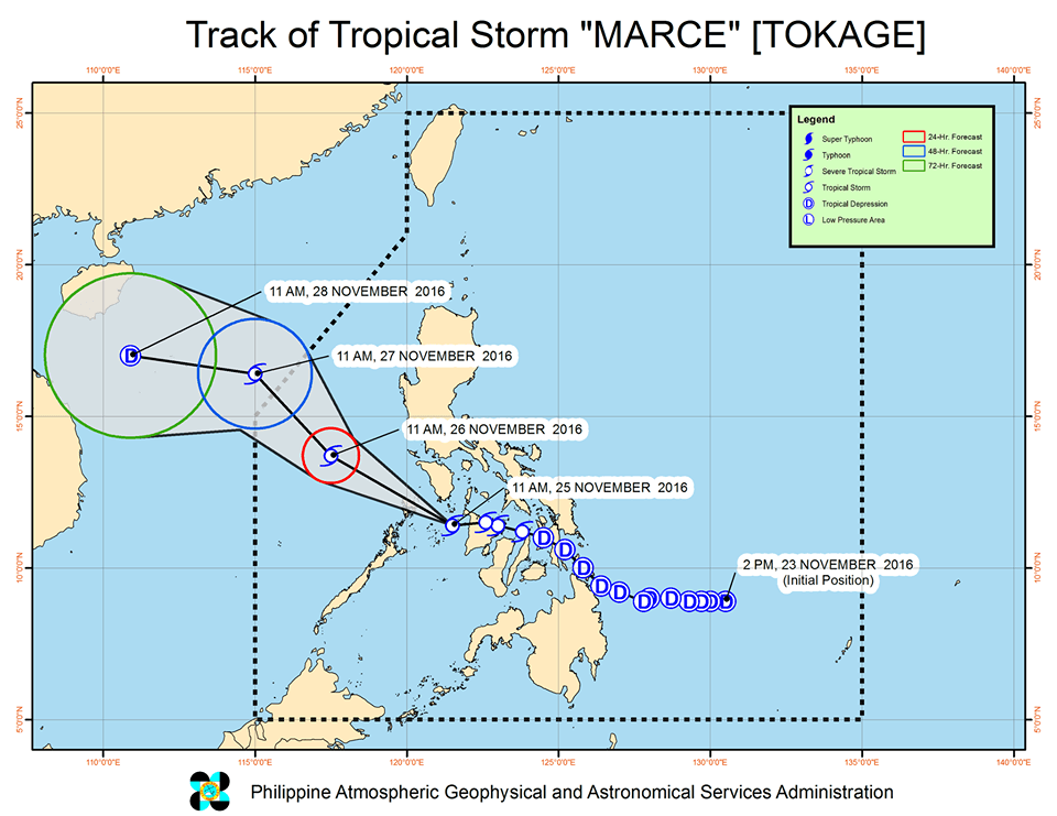 Forecast track of Tropical Storm Marce as of November 25, 2 pm. Image courtesy of PAGASA    