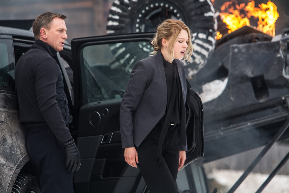 James Bond at the crashed Range Rover having just released Madeleine Swan, played by Lea Seydoux. Photo courtesy of Columbia Pictures    