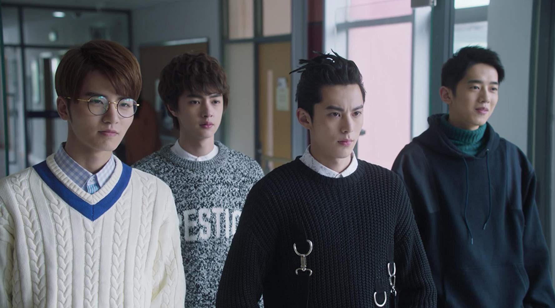Dylan Wang as Dao Ming Si (right, in front) with the rest of the remake’s F4 (L-R) Caesar Wu (Yan Ximen), Darren Chen (Hua Ze Lei) and Connor Leong (Feng Mei Zuo). Screenshot from IMDB 
