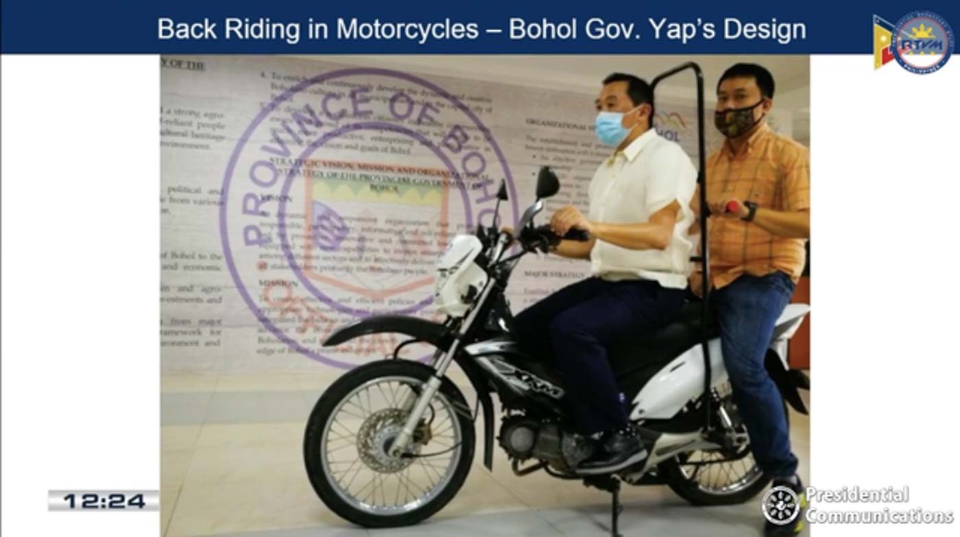 BACKRIDING SHIELD. Presidential Spokesman Harry Roque shows the back riding shield prototype demonstrated by Bohol Governor Arthur Yap. RTVM screenshot 