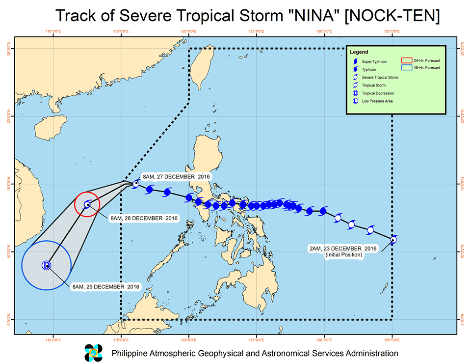 Forecast track of Severe Tropical Storm Nina as of December 27, 11 am. Image courtesy of PAGASA 