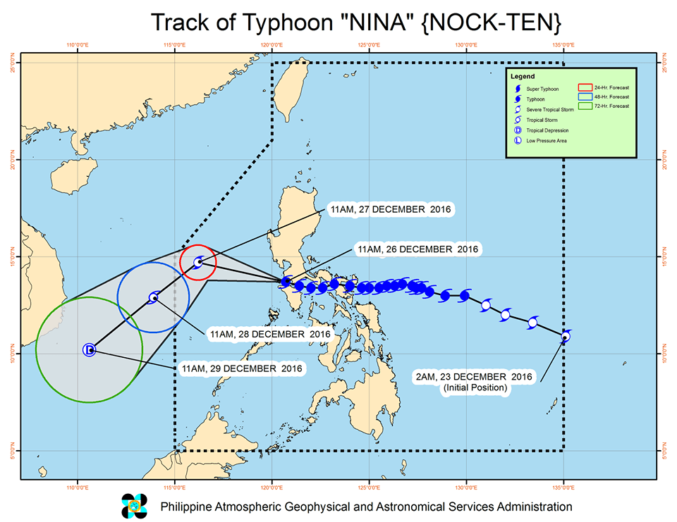 Forecast track of Typhoon Nina as of December 26, 2 pm. Image courtesy of PAGASA 