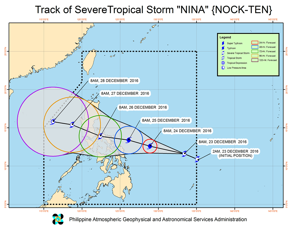 Forecast track of Severe Tropical Storm Nina as of December 23, 11 am. Image courtesy of PAGASA 