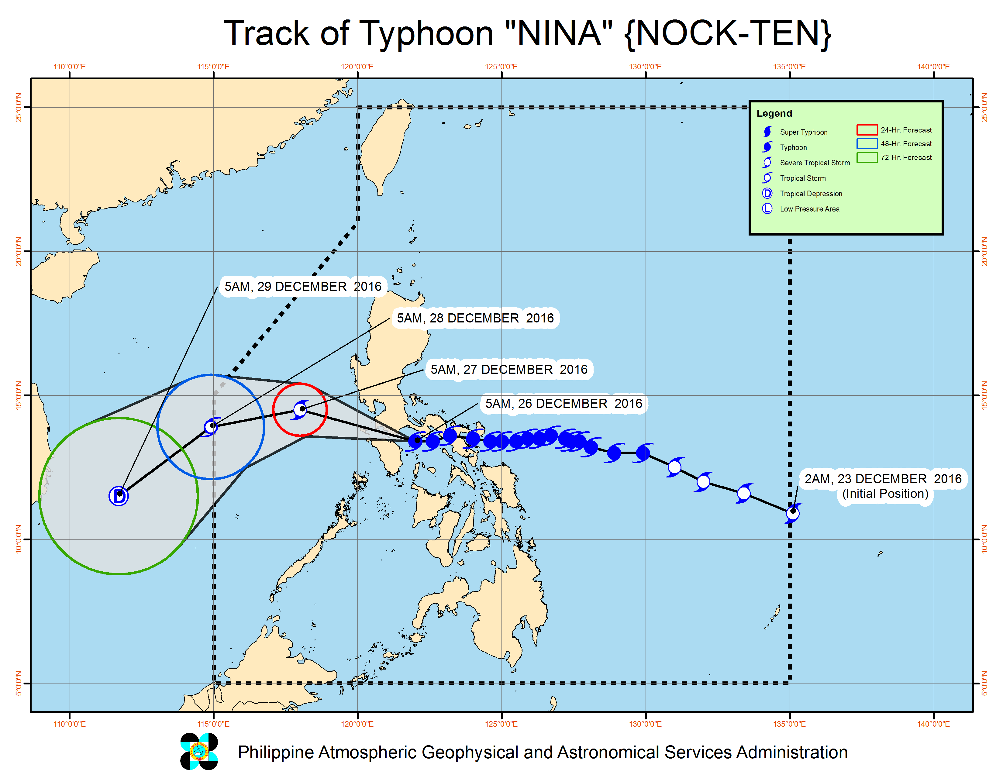 Forecast track of Typhoon Nina as of December 26, 8 am. Image courtesy of PAGASA 
