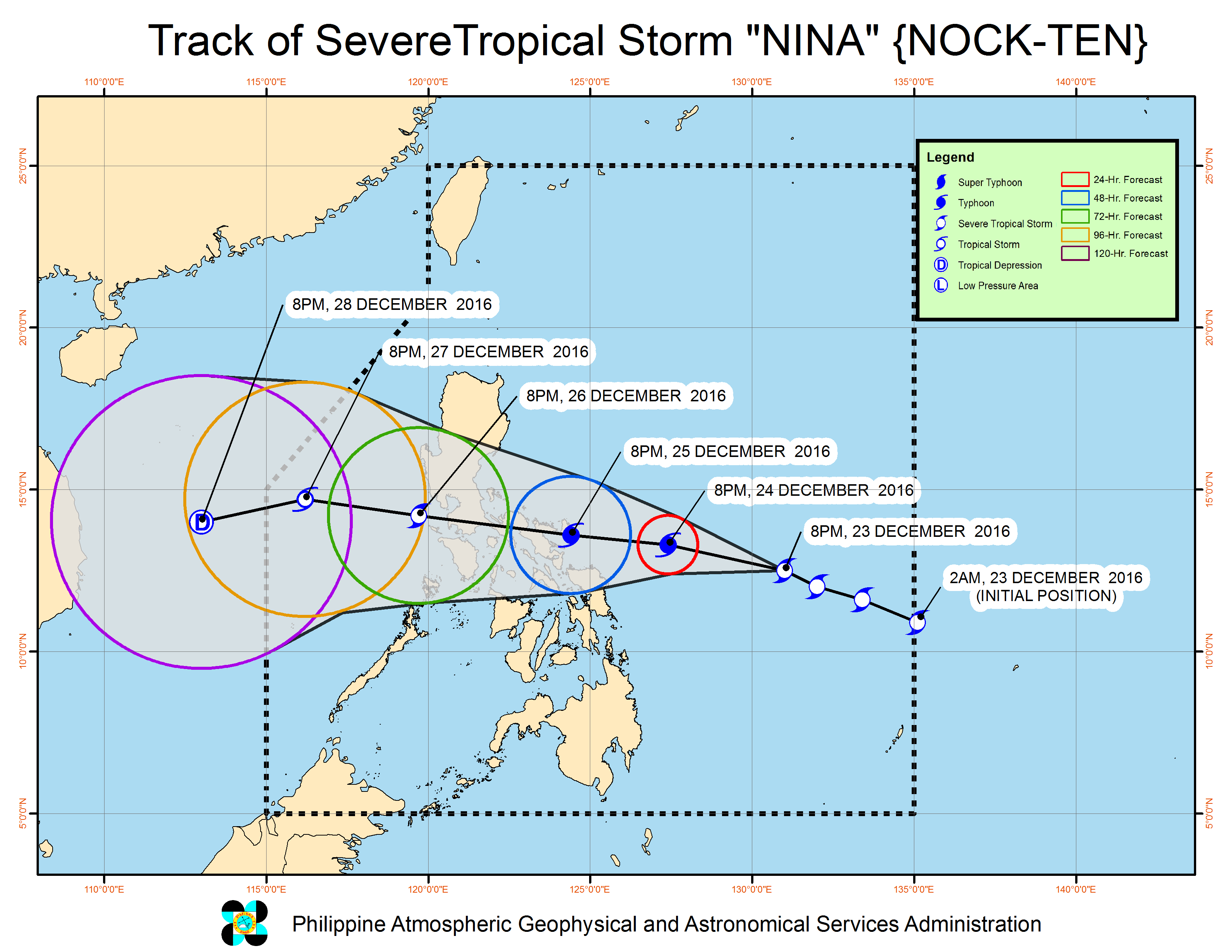 Forecast track of Severe Tropical Storm Nina as of December 23, 11 pm. Image courtesy of PAGASA 