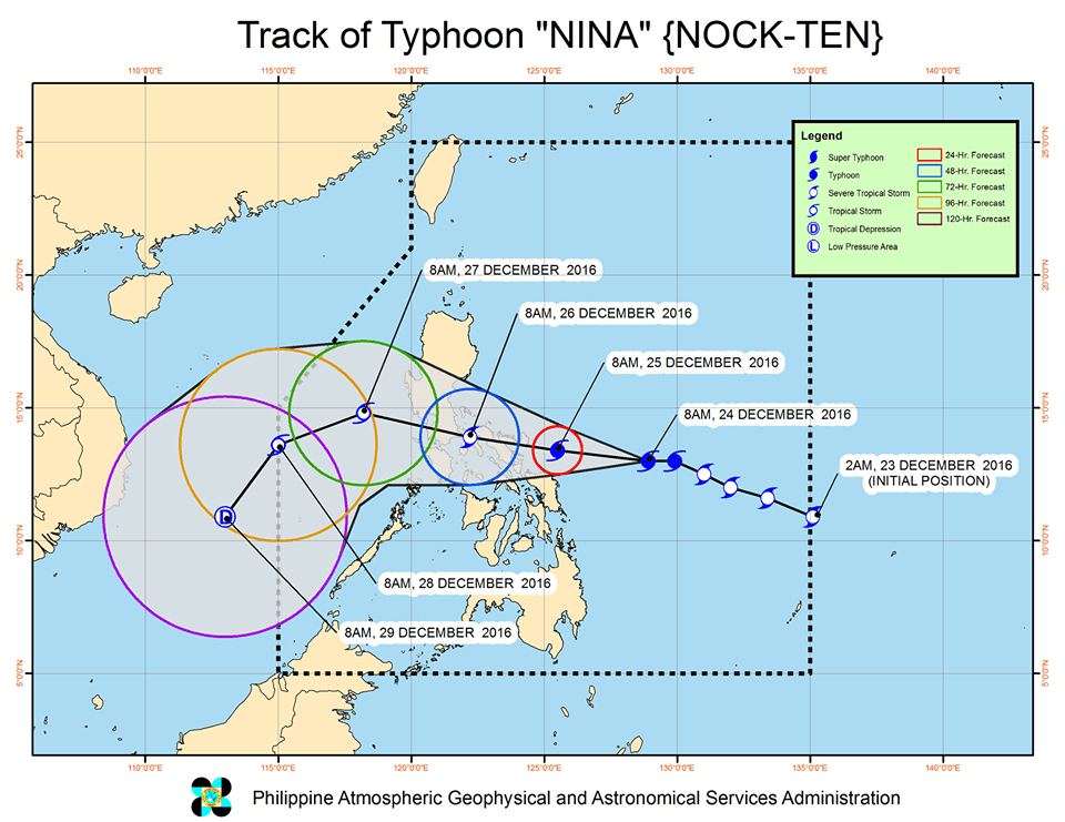 Forecast track of Typhoon Nina as of December 24, 11 am. Image courtesy of PAGASA  