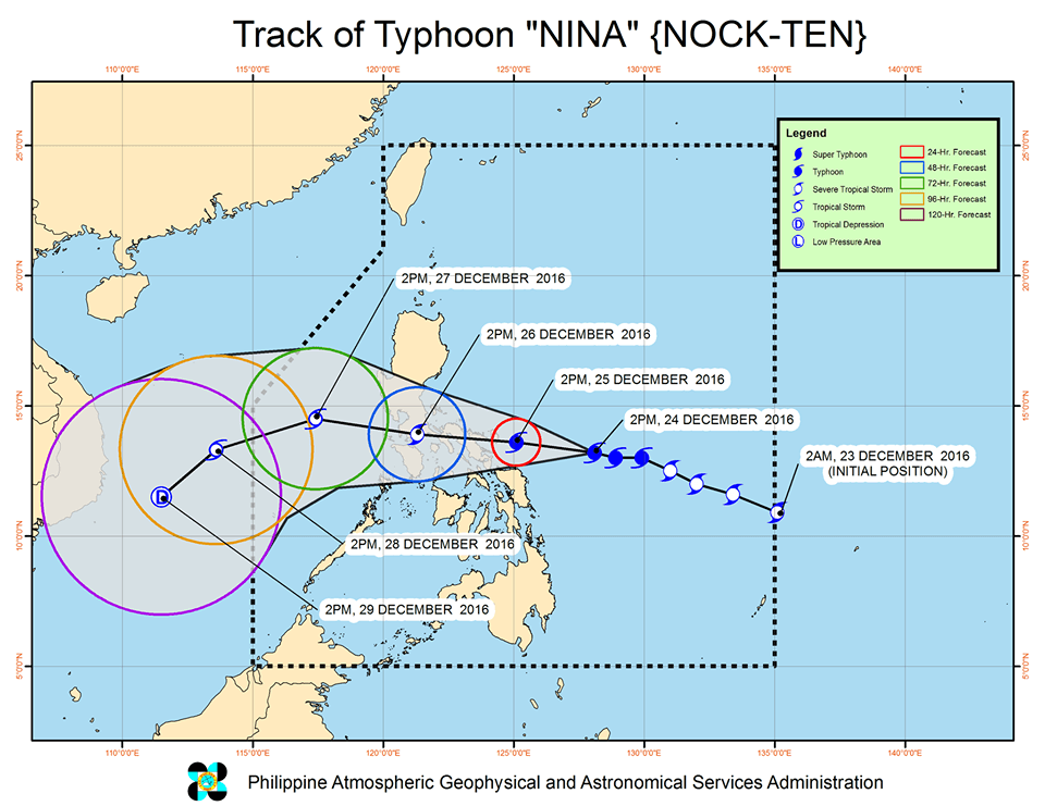 Forecast track of Typhoon Nina as of December 24, 5 pm. Image courtesy of PAGASA   