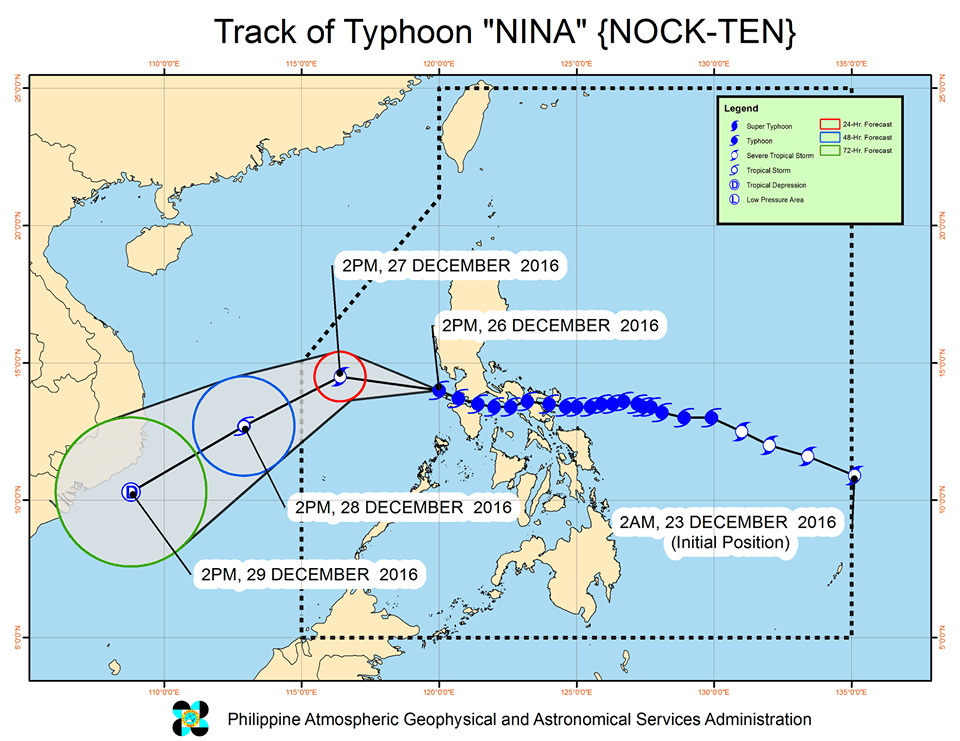 Forecast track of Typhoon Nina as of December 26, 5 pm. Image courtesy of PAGASA 