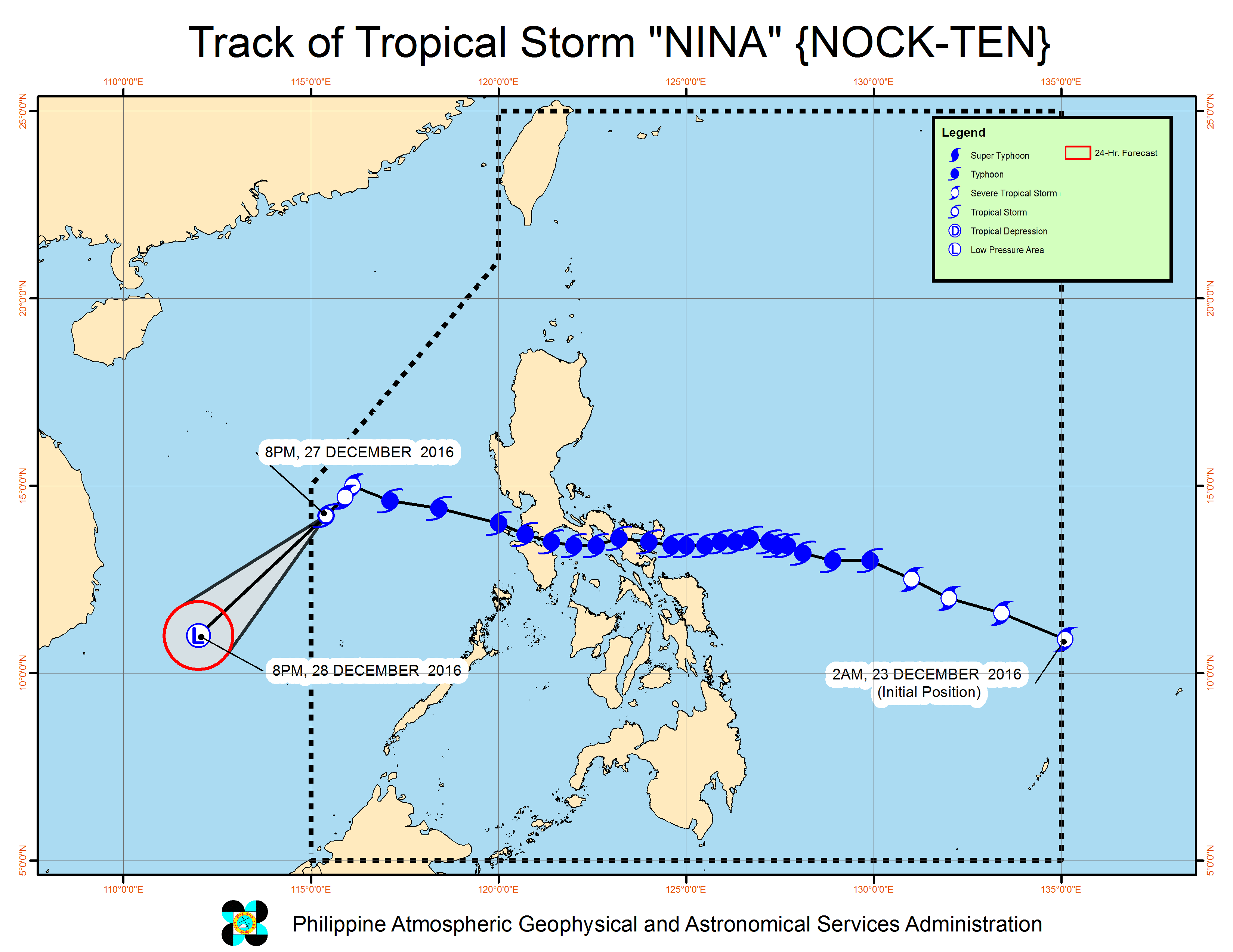 Forecast track of Tropical Storm Nina as of December 27, 11 pm. Image courtesy of PAGASA  