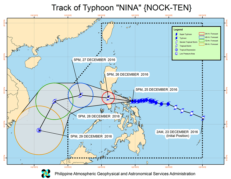 Forecast track of Typhoon Nina as of December 25, 8 pm. Image courtesy of PAGASA  